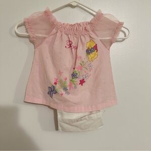 Vtg Y2K Winnie The Pooh Disney Sheer Sleeve Pastel Pink 2 Pc Outfit Set Linen 3T